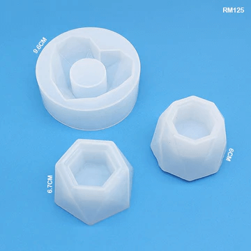 Set of 3 geometric silicone moulds for resin tealight holders, featuring round and polygon shapes in different sizes.