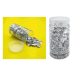 Silver gilding flakes in a clear jar, perfect for resin art, craft embellishment, and metallic finishes on various surfaces.