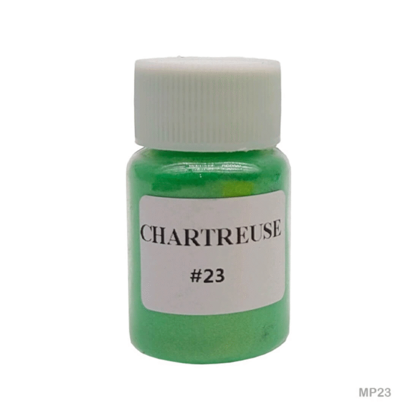Bright chartreuse mica powder in a plastic jar, perfect for resin, soap, or candle projects with a bold neon-green shimmer.