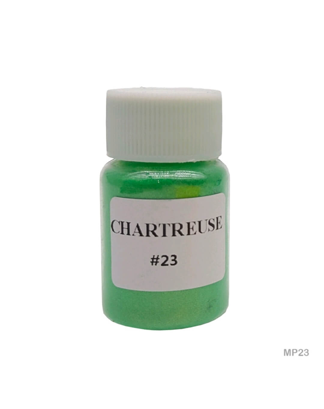 Bright chartreuse mica powder in a plastic jar, perfect for resin, soap, or candle projects with a bold neon-green shimmer.