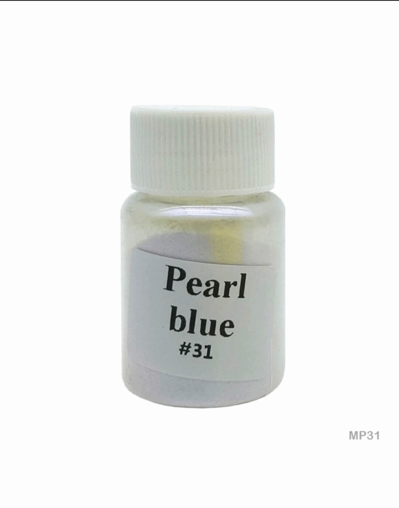 Soft pearl blue mica pigment powder in a jar, perfect for resin crafts, soap making, and DIY candles with a subtle, shimmering finish.