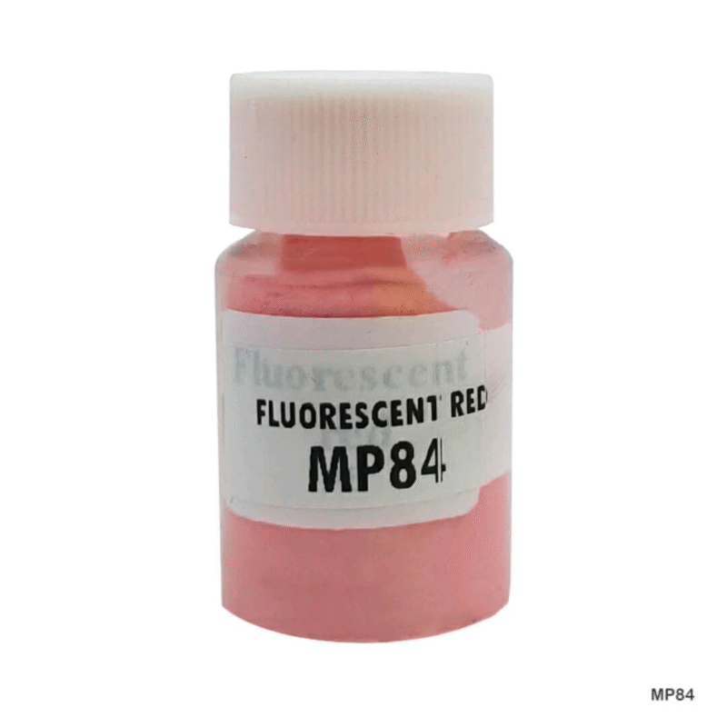 Fluorescent red mica powder in a compact jar, ideal for resin art, handmade soaps, and candles with a bold neon pink-red shimmer.