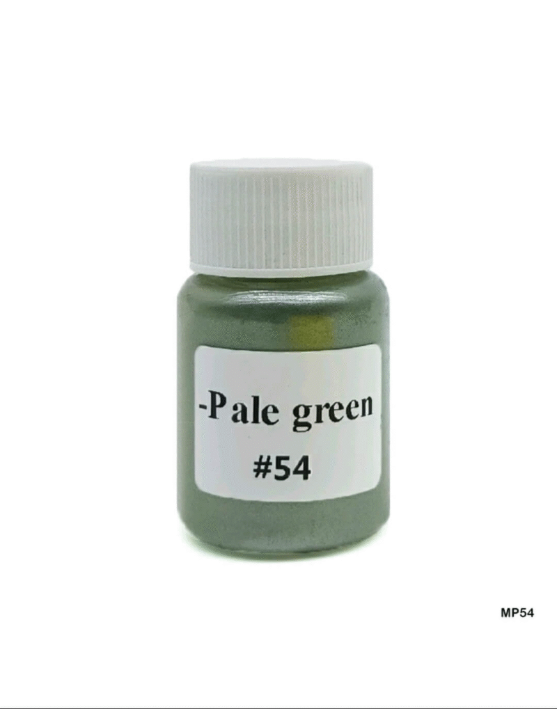 Pale green mica powder in a jar, ideal for resin art, bath products, and candles with a subtle shimmer and earthy tone.