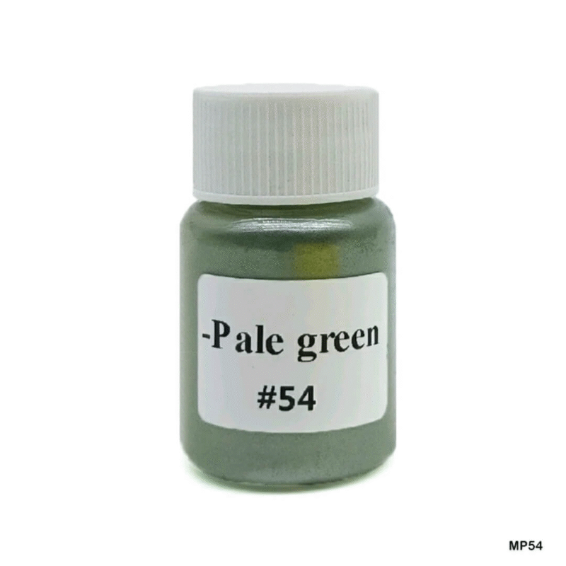 Pale green mica powder in a jar, ideal for resin art, bath products, and candles with a subtle shimmer and earthy tone.
