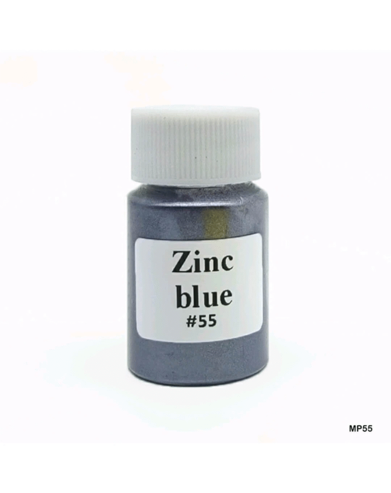 Zinc blue mica pigment powder in a bottle, ideal for resin, soaps, and DIY crafts with a metallic blue-grey shimmer.