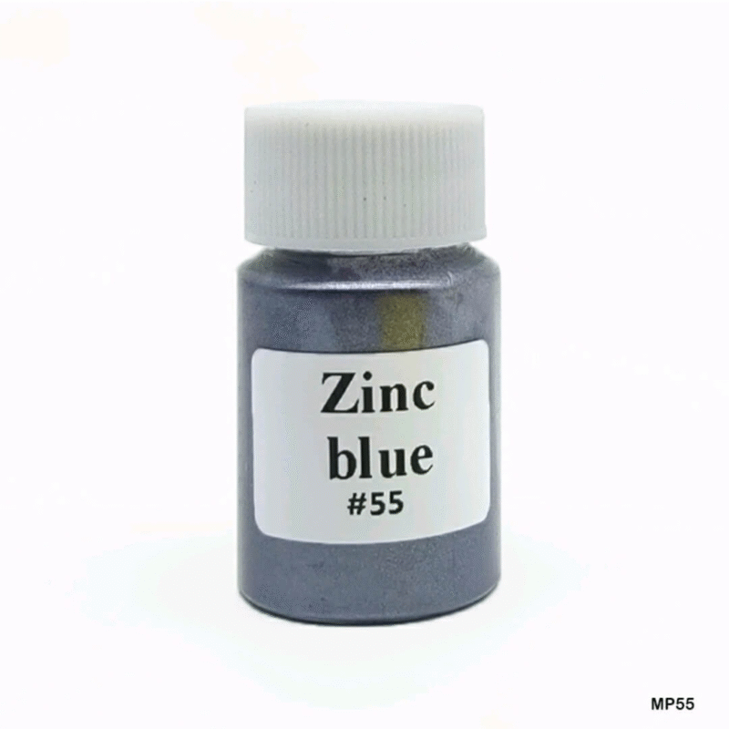 Zinc blue mica pigment powder in a bottle, ideal for resin, soaps, and DIY crafts with a metallic blue-grey shimmer.
