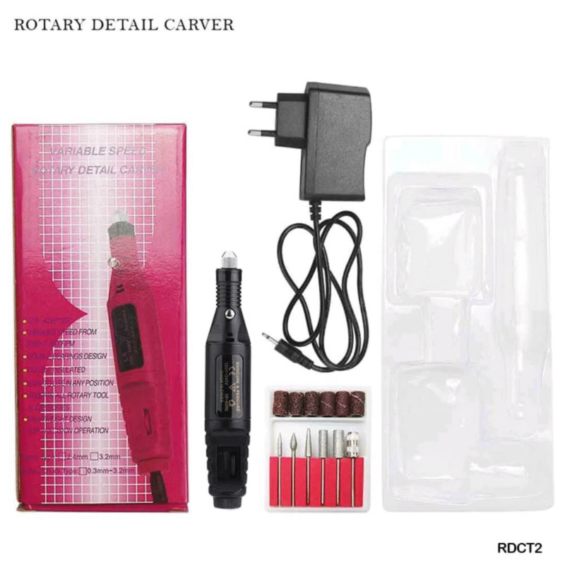 Rotary detail carver tool set with bits, charger, and accessories.