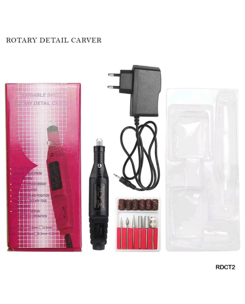 Rotary detail carver tool set with bits, charger, and accessories.