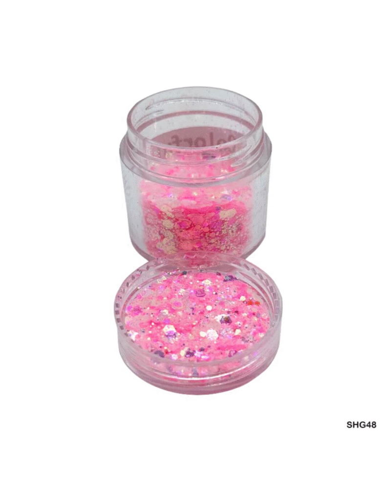 Open jar of peach pink shimmery glitter with iridescent sparkle, perfect for DIY crafts, resin projects, and nail art.
