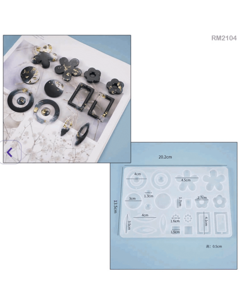 “20.2x13.5cm silicone mould with floral and geometric shapes for resin earrings, pendants, and keychains.”