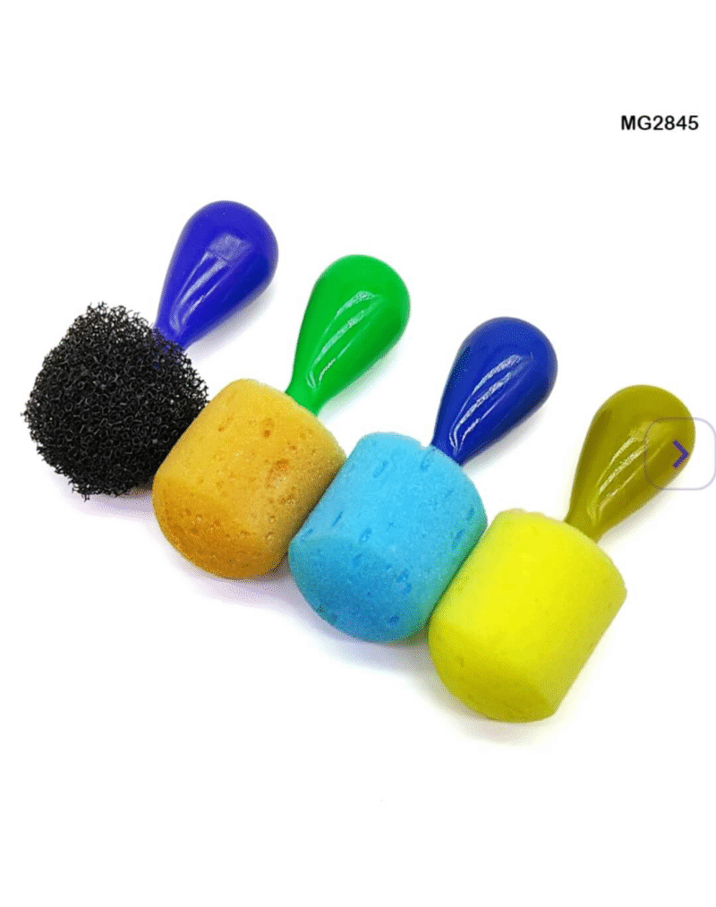 Set of 4 colorful sponge art tools with textured heads and plastic handles for kids' stamping and painting activities.