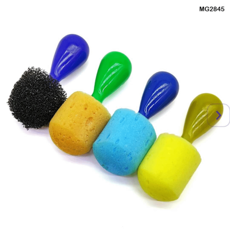 Set of 4 colorful sponge art tools with textured heads and plastic handles for kids' stamping and painting activities.
