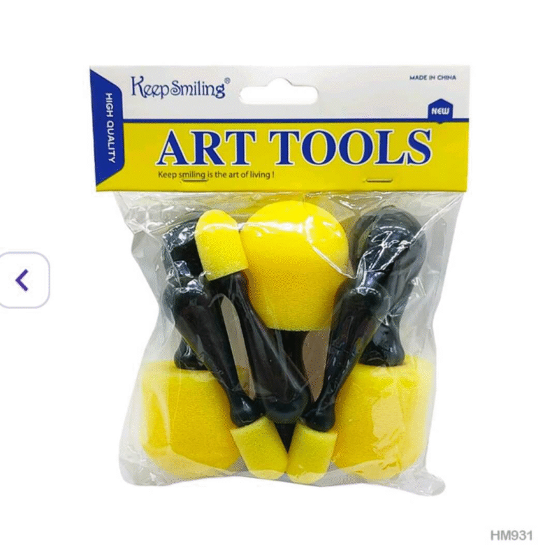 Yellow sponge brushes with black handles in a clear plastic packaging labeled "Art Tools" for painting and crafting.