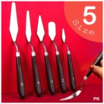 Set of 5 metal painting knives with wooden handles in various shapes and sizes for mixing and applying paint.