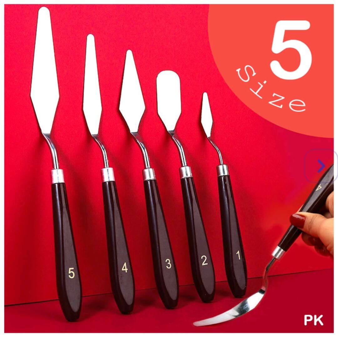 Set of 5 metal painting knives with wooden handles in various shapes and sizes for mixing and applying paint.