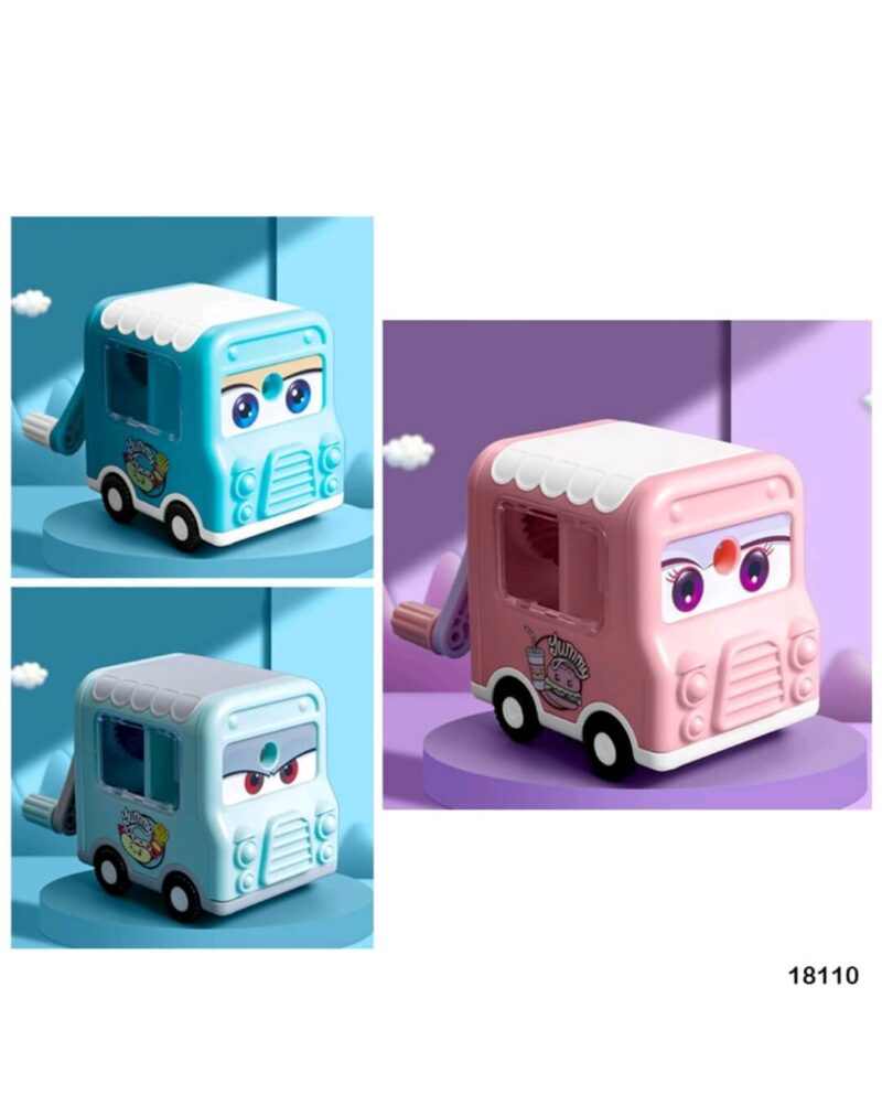 Cartoon Bus-shaped manual pencil sharpeners in pastel blue and pink colors, designed for kids.