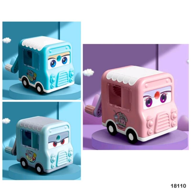 Cartoon Bus-shaped manual pencil sharpeners in pastel blue and pink colors, designed for kids.
