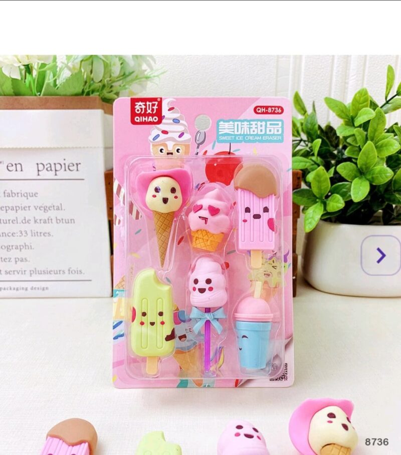 Cute ice cream-themed erasers in pink and pastel colors, shaped like cones, popsicles, and milkshakes.