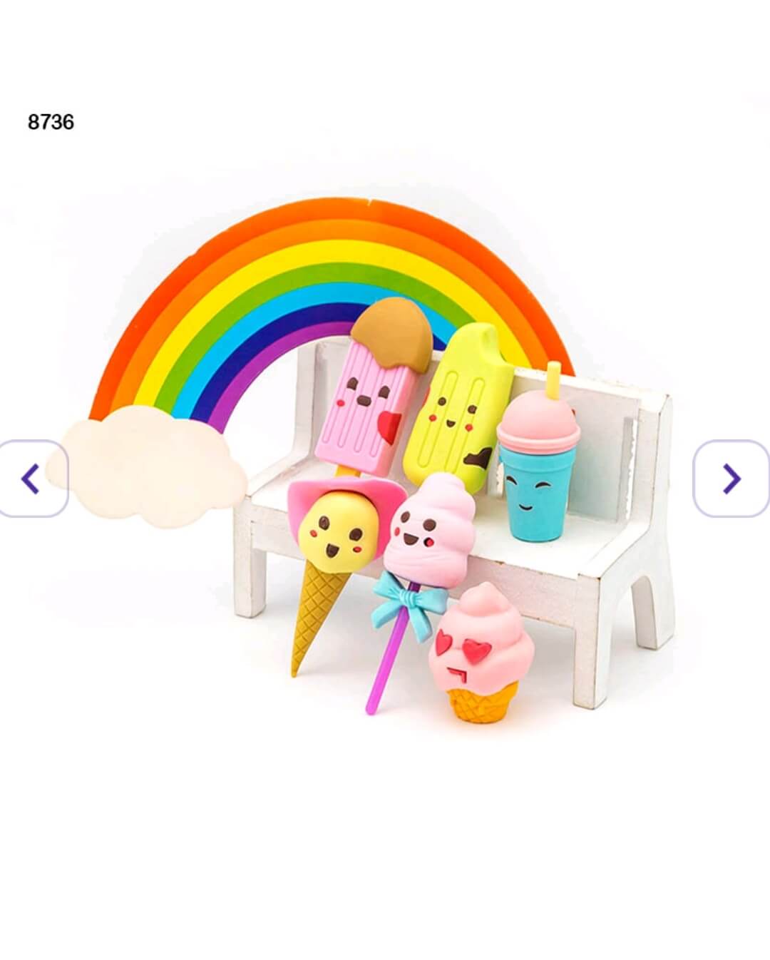 Cute ice cream-themed erasers in pink and pastel colors, shaped like cones, popsicles, and milkshakes.