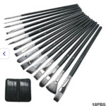 Complete 18-piece artist brush set with black handles, various brush shapes and sizes, and a carrying case.