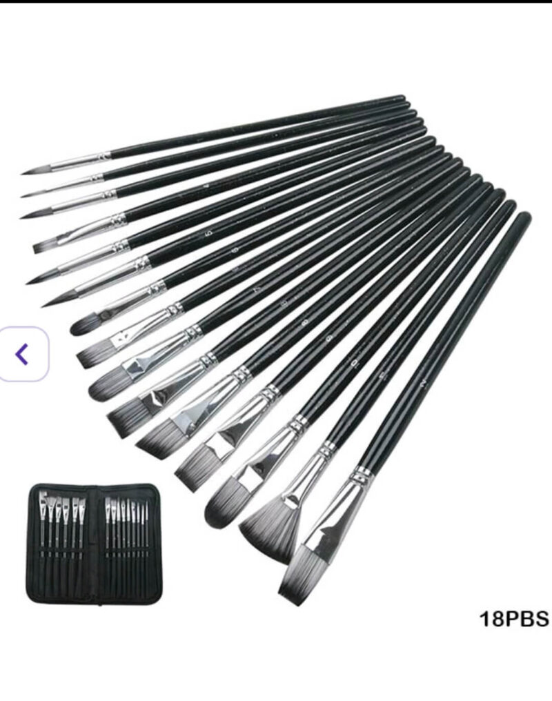 Complete 18-piece artist brush set with black handles, various brush shapes and sizes, and a carrying case.