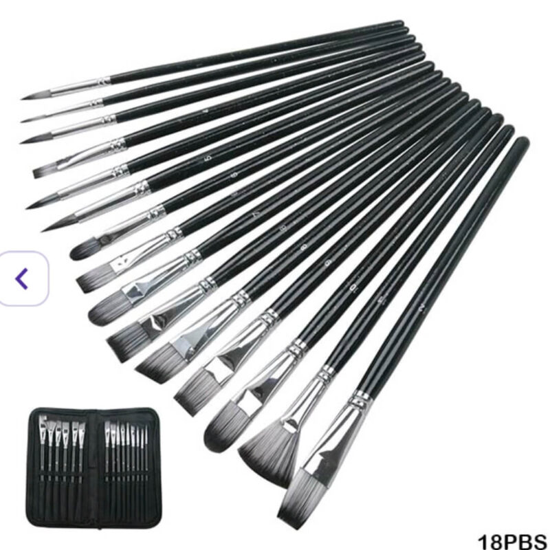 Complete 18-piece artist brush set with black handles, various brush shapes and sizes, and a carrying case.