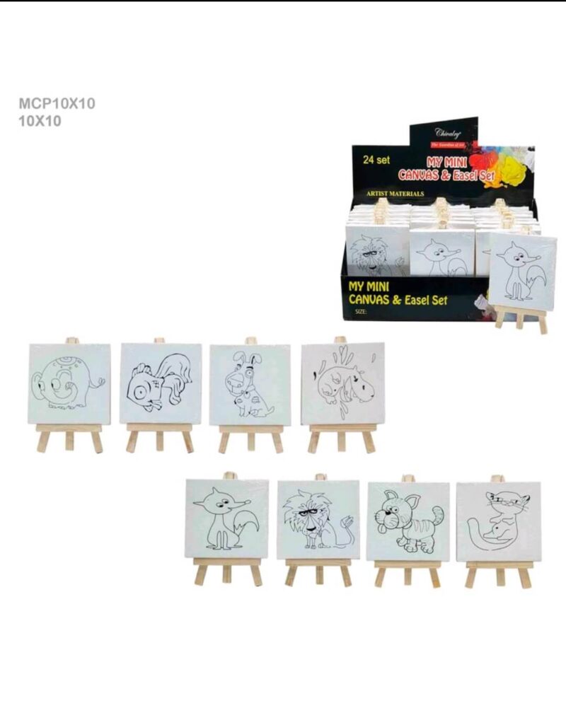 Miniature canvas and DIY Kit – Mini Canvas and Easel Set sets with outlined animal drawings for painting and kids’ crafts.