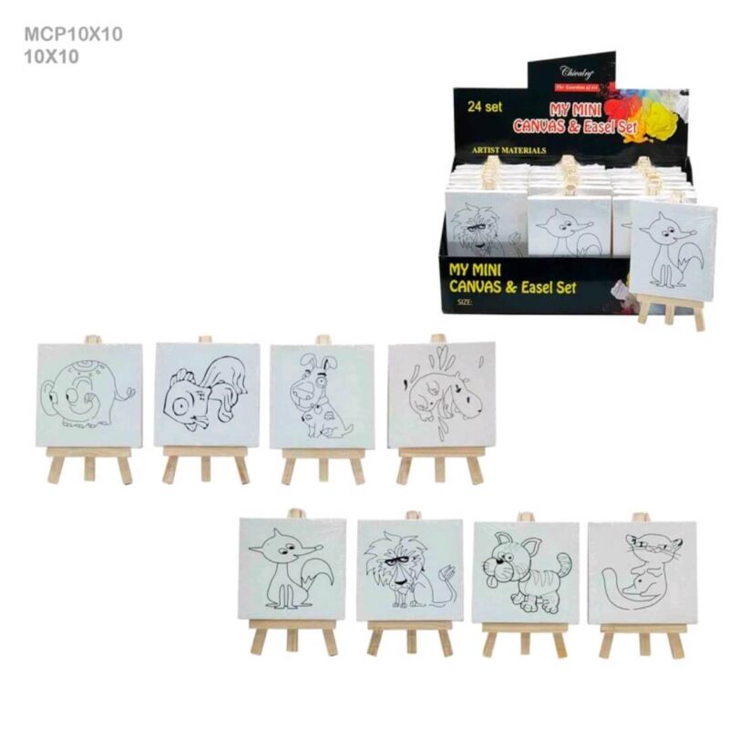 Miniature canvas and DIY Kit – Mini Canvas and Easel Set sets with outlined animal drawings for painting and kids’ crafts.