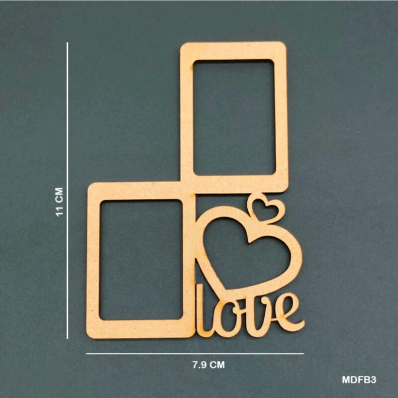 Vertical MDF frame with two photo slots and stylized heart and "love" design