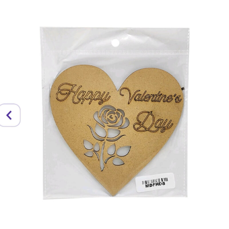 Heart-shaped MDF design with engraved "Happy Valentine’s Day" and rose motif