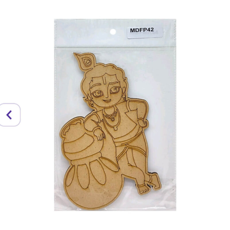 MDF cutout of Baby Krishna with matki pot – laser-engraved plywood craft design