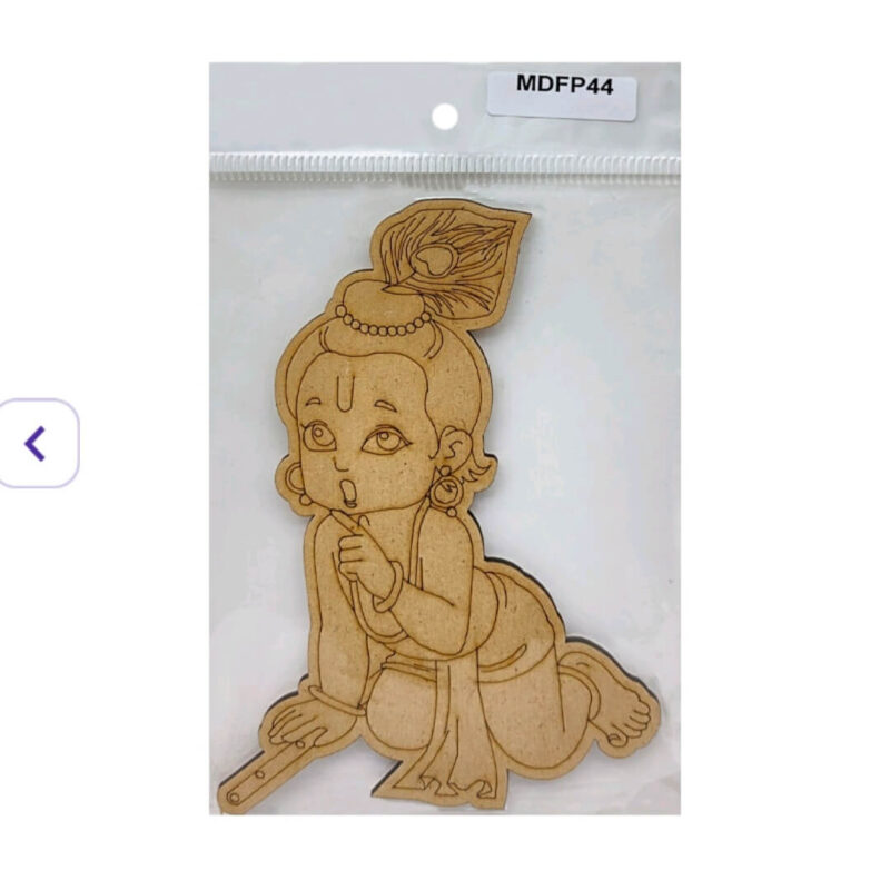MDF cutout of crawling Baby Krishna with flute – unfinished laser-engraved craft piece