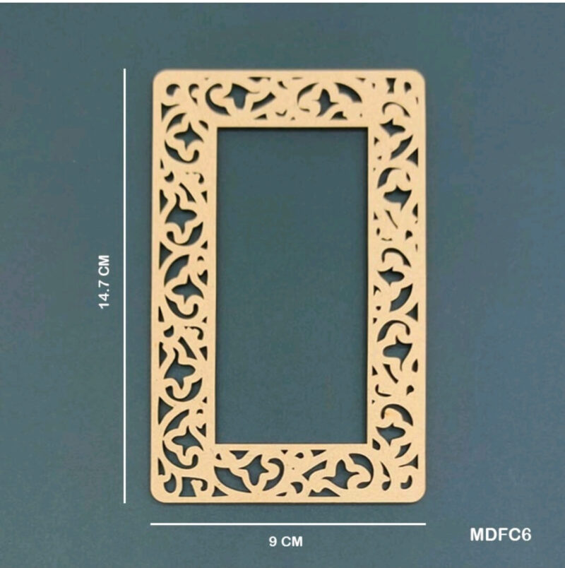 Vertical rectangular MDF frame with a 14.7x9 cm size and an ornate, laser-cut vine pattern border, displayed against a teal background.