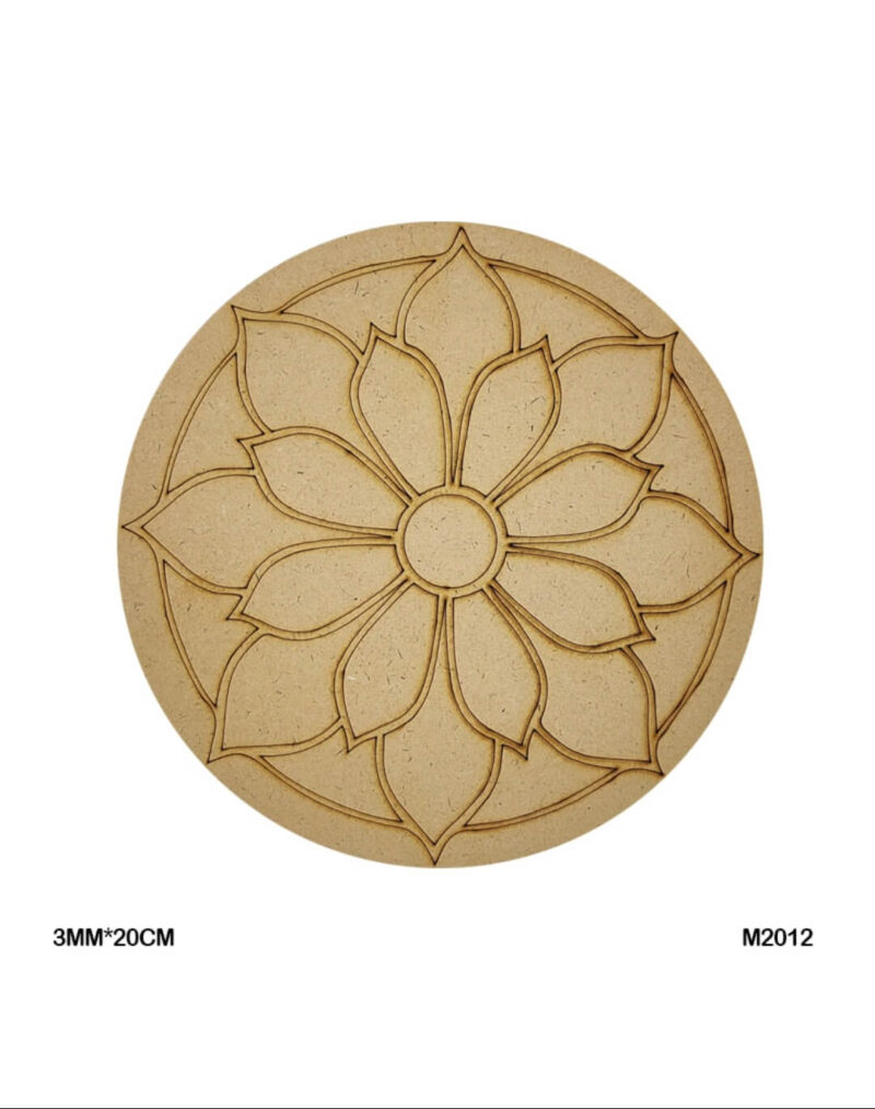 Round MDF board with a bold lotus-style big leaf mandala engraving, ideal for painting and resin craft projects.