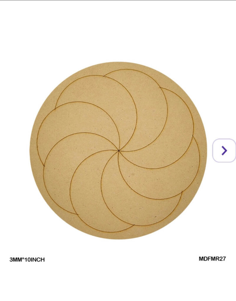Geometric spiral design engraved on 10-inch round MDF board for art projects.