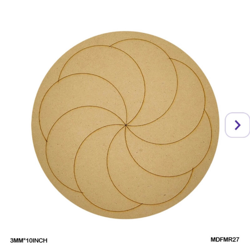 Geometric spiral design engraved on 10-inch round MDF board for art projects.