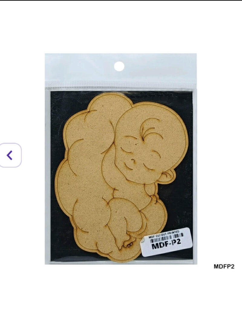MDF cutout of baby curled up on cloud, 12x12.9cm