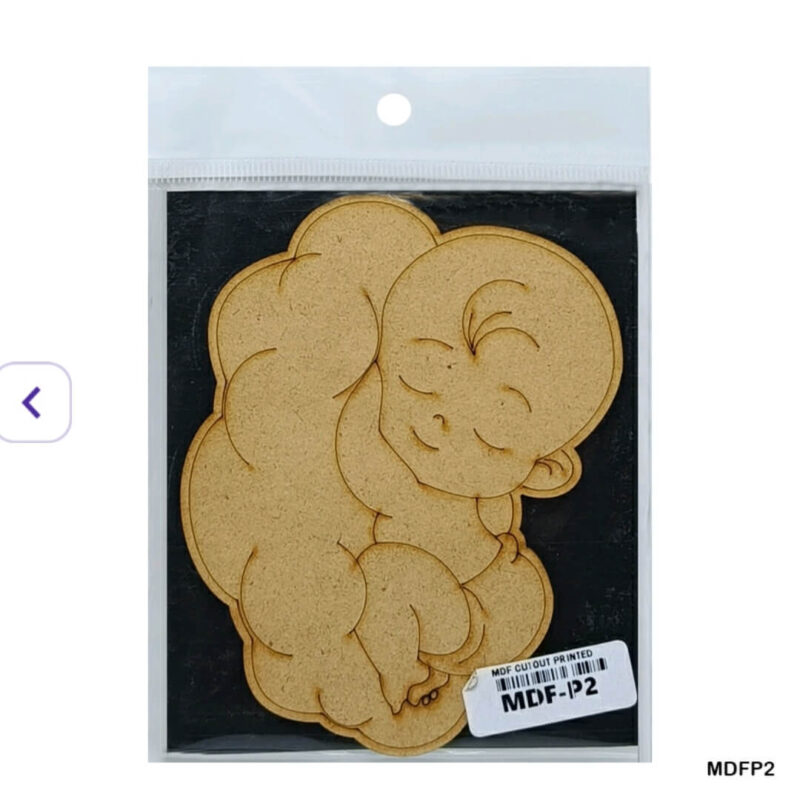 MDF cutout of baby curled up on cloud, 12x12.9cm
