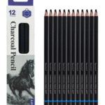 Pack of 12 soft grade charcoal pencils, ideal for sketching, shading, and fine art drawing.
