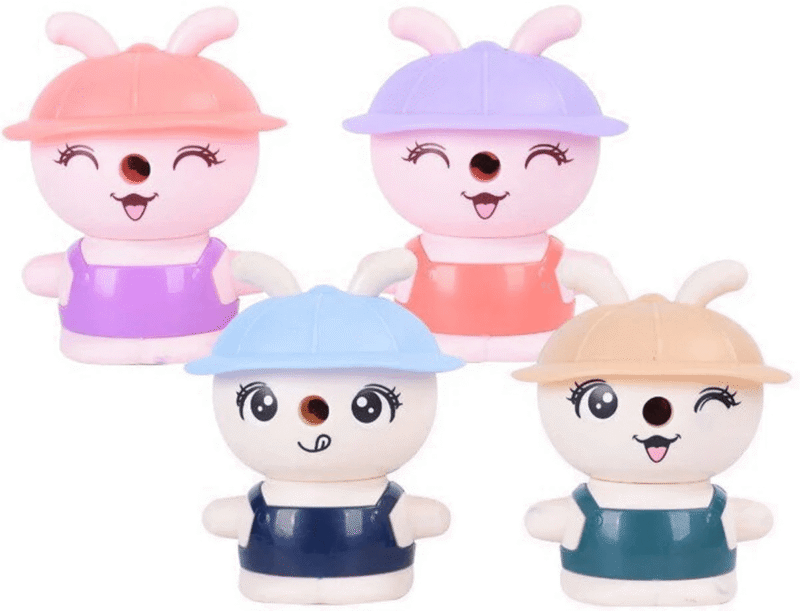 Set of colourful rabbit-shaped table sharpeners with caps, ideal for kids’ stationery and school use.