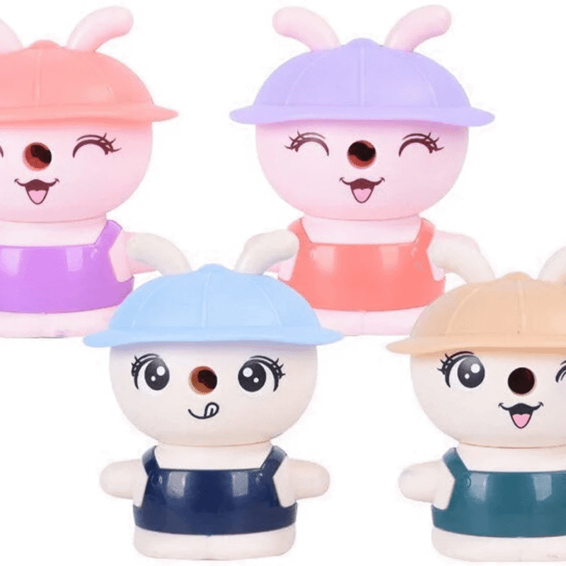 Set of colourful rabbit-shaped table sharpeners with caps, ideal for kids’ stationery and school use.