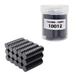 Set of 100 strong black round magnets (12x3mm) for DIY craft and fridge décor use.