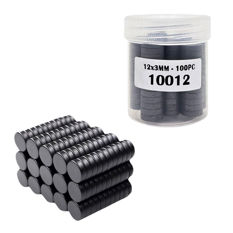 Set of 100 strong black round magnets (12x3mm) for DIY craft and fridge décor use.