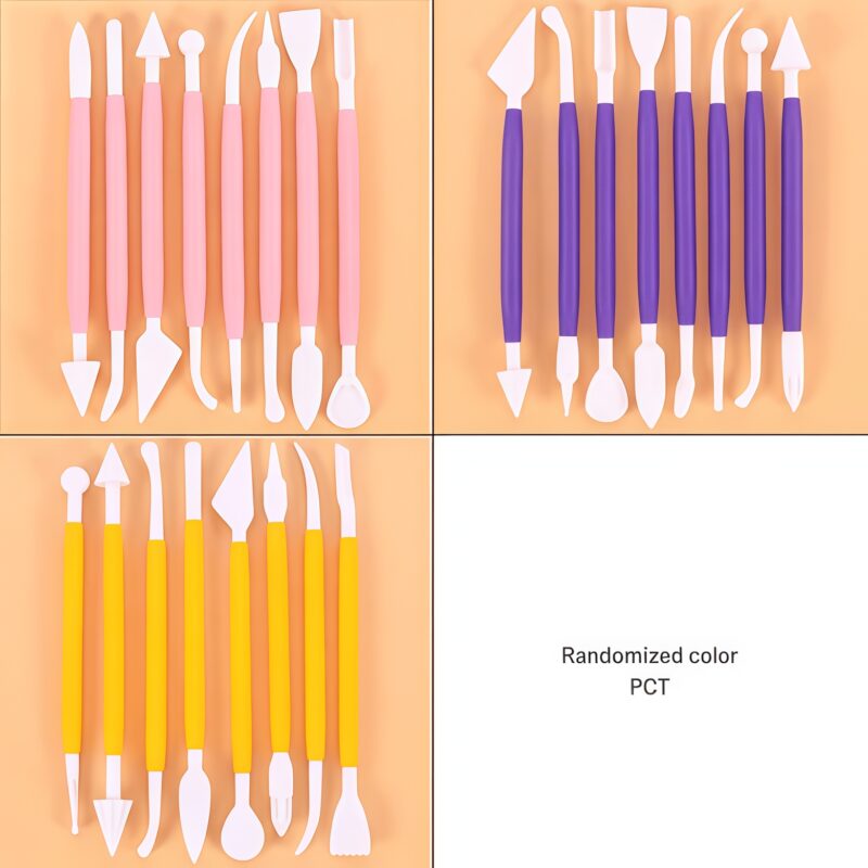 Set of 8 plastic clay modeling tools in assorted colors for sculpting and crafting.