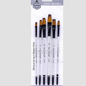 Flat 6-piece artist paint brush set with synthetic bristles for acrylic, watercolor, and school art use.