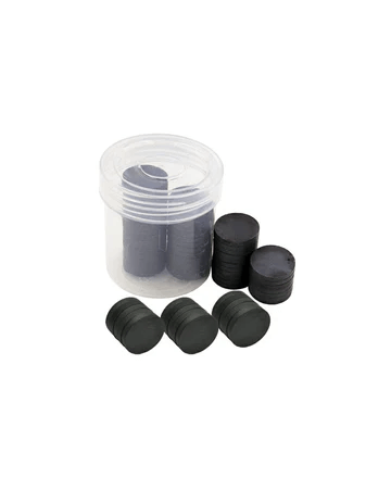Set of 100 strong black round magnets (12x3mm) for DIY craft and fridge décor use.
