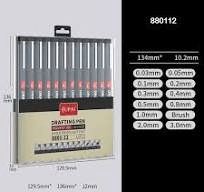 Technical drafting pen set with 12 precision tip sizes for fine illustration and design work.