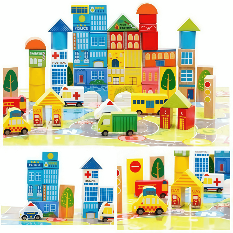 Colorful wooden toy city set with labeled buildings like a hospital, fire station, and police station, surrounded by toy vehicles on a play mat.