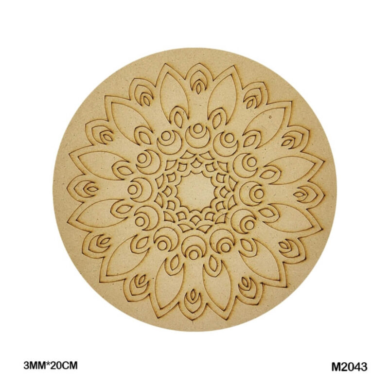 20cm MDF round base engraved with detailed peacock feather mandala design, perfect for dot art and painting.