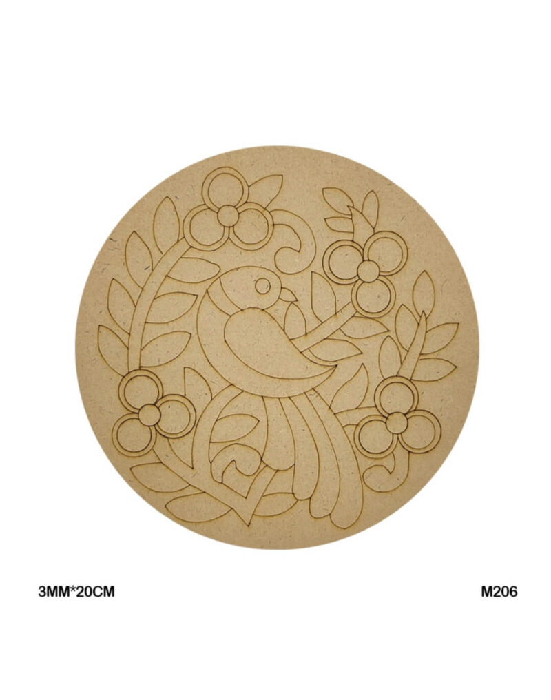 Cute bird and floral pattern engraved on 3MM thick round MDF base (20CM diameter)